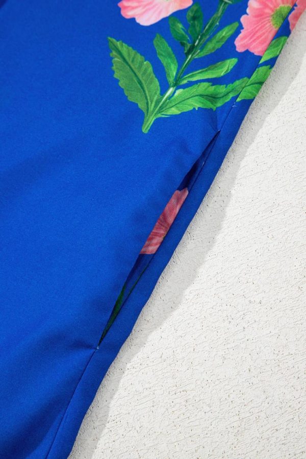 Women Blue Striped Trim Short Sleeve Split Neck Floral Mini Dress | Short Dresses - Image 5
