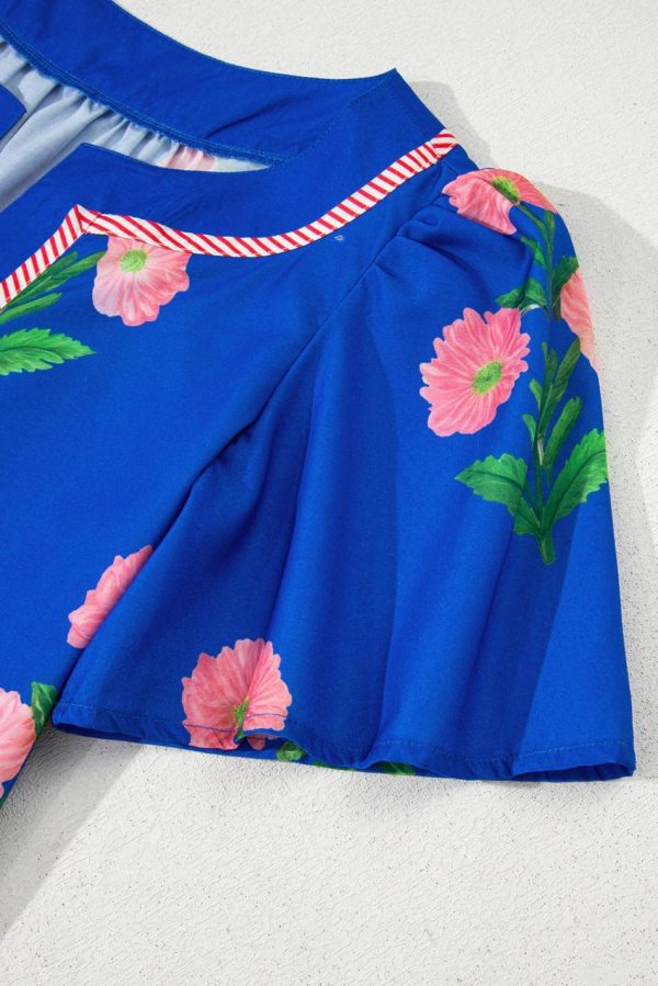 Women Blue Striped Trim Short Sleeve Split Neck Floral Mini Dress | Short Dresses - Image 6