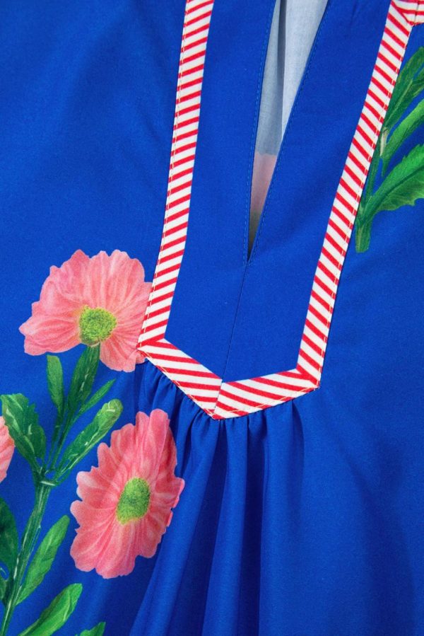 Women Blue Striped Trim Short Sleeve Split Neck Floral Mini Dress | Short Dresses - Image 7