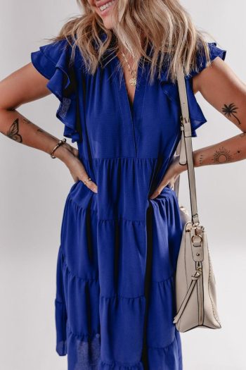 Women Bluing Ruffled Short Sleeve Collared V Neck Tiered Midi Dress | Midi Dresses