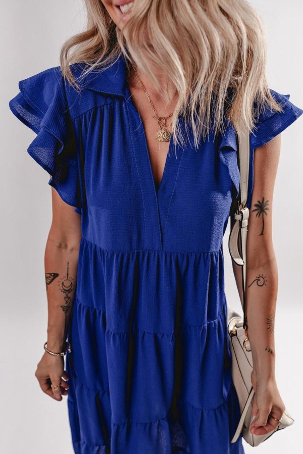 Women Bluing Ruffled Short Sleeve Collared V Neck Tiered Midi Dress | Midi Dresses - Image 3
