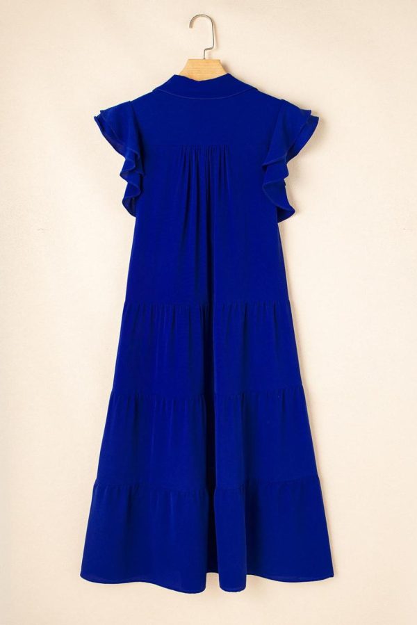 Women Bluing Ruffled Short Sleeve Collared V Neck Tiered Midi Dress | Midi Dresses - Image 5