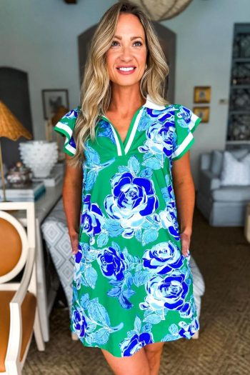 Women Bright Green Floral Ruffle Puff Sleeve Pop Of Color Neckline Dress | Short Dresses
