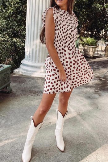 Women Brown Abstract Print Flutter Sleeve Smocked Mini Dress | Short Dresses