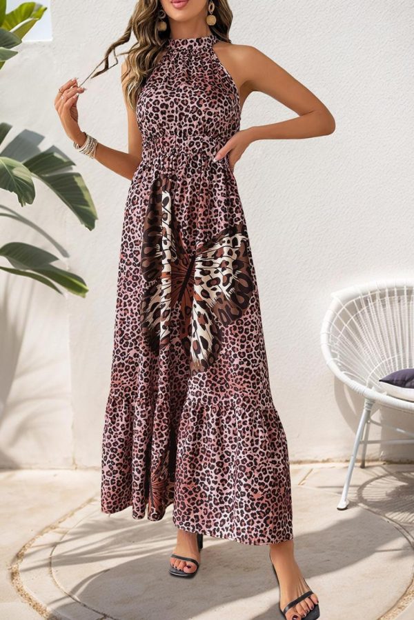Women Brown Butterfly Print Leopard Print Halter Dress | Maxi Dresses