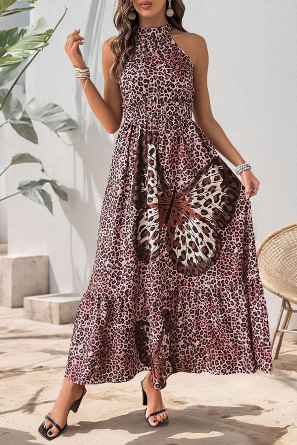 Women Brown Butterfly Print Leopard Print Halter Dress | Maxi Dresses - Image 2