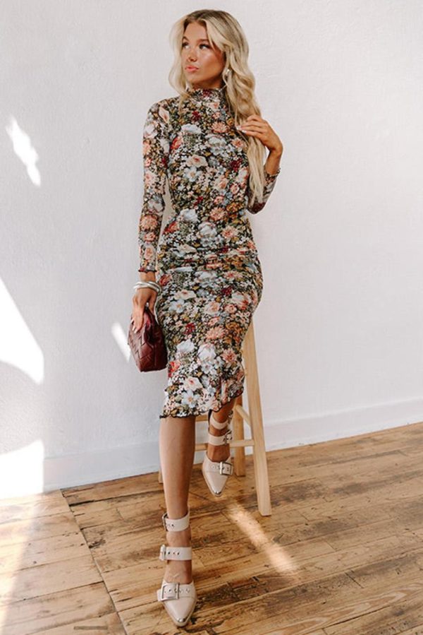 Women Brown Floral Allover Print Mock Neck Bodycon Midi Dress | Midi Dresses - Image 2
