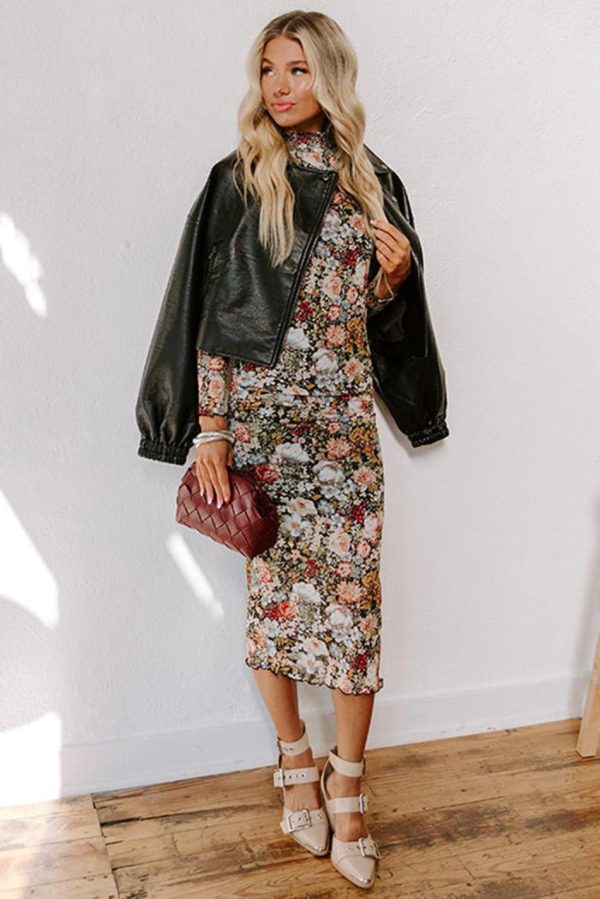 Women Brown Floral Allover Print Mock Neck Bodycon Midi Dress | Midi Dresses - Image 3