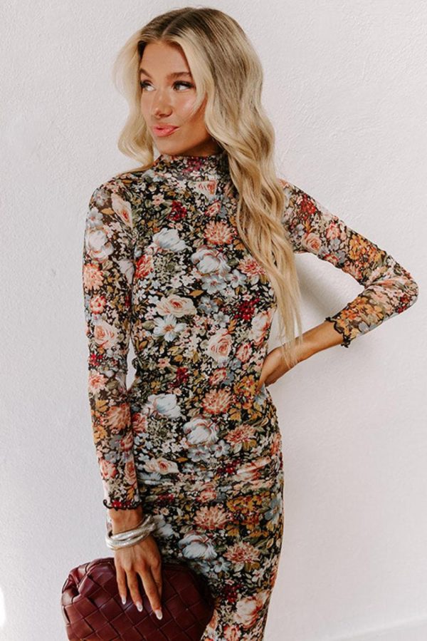Women Brown Floral Allover Print Mock Neck Bodycon Midi Dress | Midi Dresses - Image 5