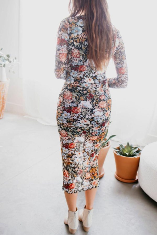 Women Brown Floral Allover Print Mock Neck Bodycon Midi Dress | Midi Dresses - Image 7