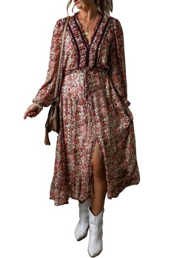 Women Brown Floral Print Frill V Neck Split Midi Dress | Midi Dresses