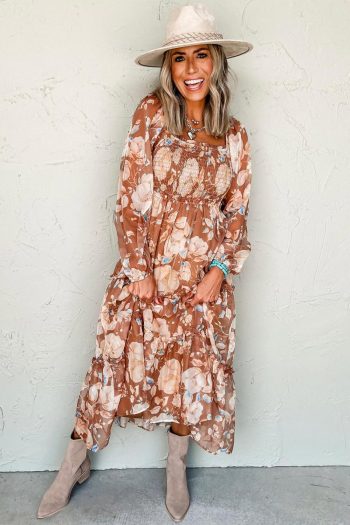 Women Brown Floral Print Shirred Square Neck High Waist Maxi Dress | Maxi Dresses