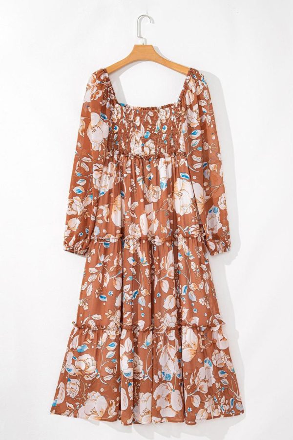 Women Brown Floral Print Shirred Square Neck High Waist Maxi Dress | Maxi Dresses - Image 2