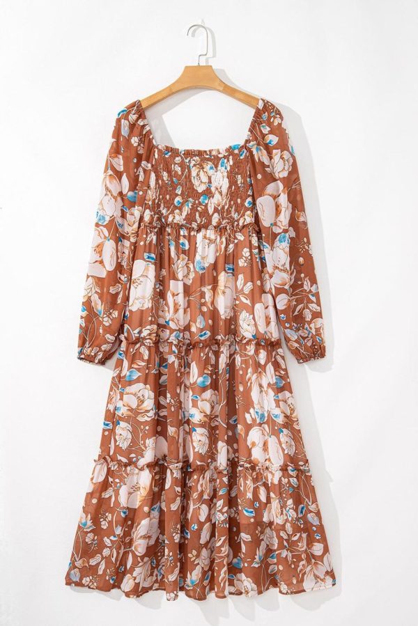 Women Brown Floral Print Shirred Square Neck High Waist Maxi Dress | Maxi Dresses - Image 3