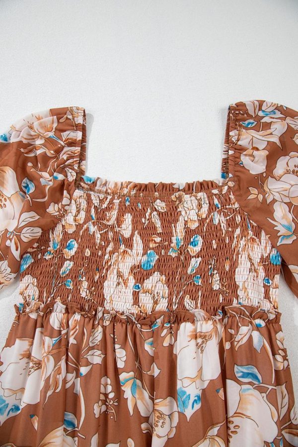 Women Brown Floral Print Shirred Square Neck High Waist Maxi Dress | Maxi Dresses - Image 4