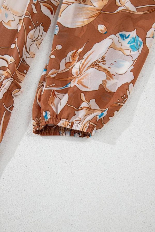 Women Brown Floral Print Shirred Square Neck High Waist Maxi Dress | Maxi Dresses - Image 5
