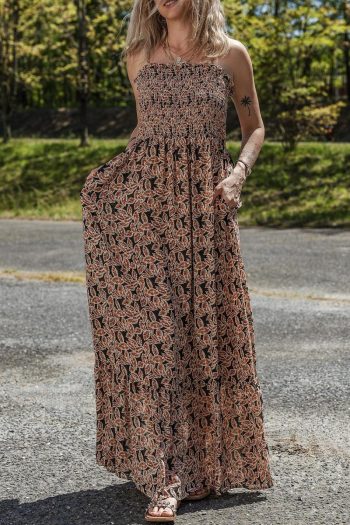 Women Brown Floral Smocked Bodice High Waist Flowy Sun Dress | Maxi Dresses