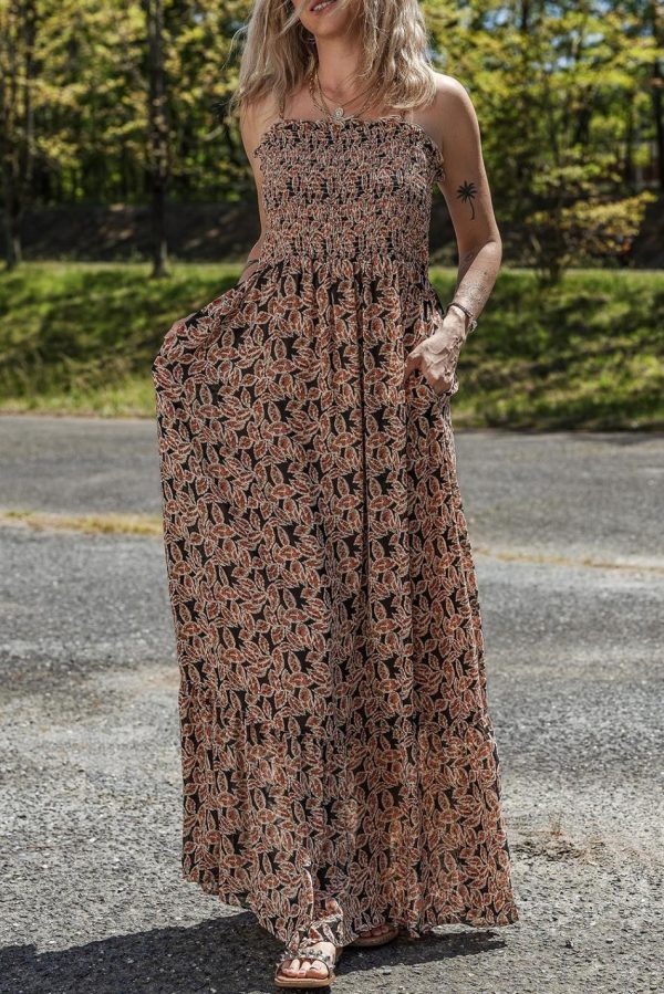 Women Brown Floral Smocked Bodice High Waist Flowy Sun Dress | Maxi Dresses