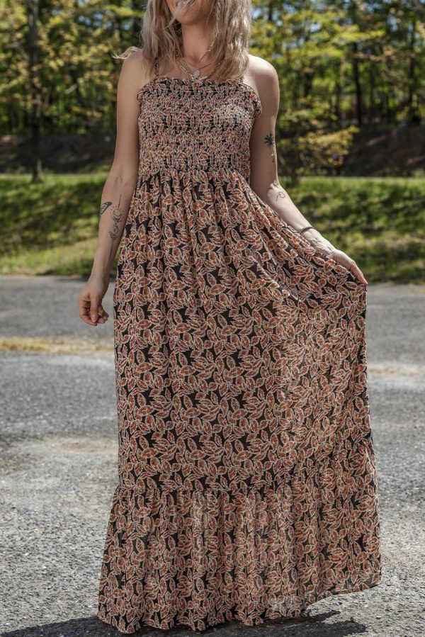 Women Brown Floral Smocked Bodice High Waist Flowy Sun Dress | Maxi Dresses - Image 2