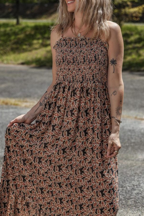 Women Brown Floral Smocked Bodice High Waist Flowy Sun Dress | Maxi Dresses - Image 3