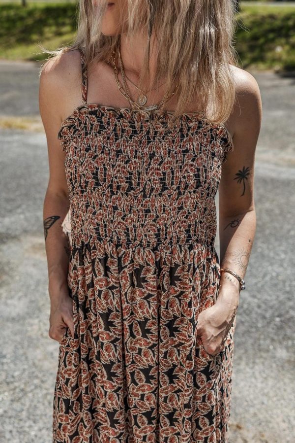 Women Brown Floral Smocked Bodice High Waist Flowy Sun Dress | Maxi Dresses - Image 4