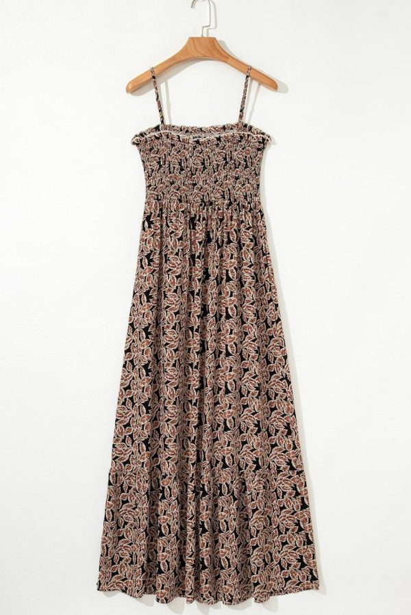 Women Brown Floral Smocked Bodice High Waist Flowy Sun Dress | Maxi Dresses - Image 5