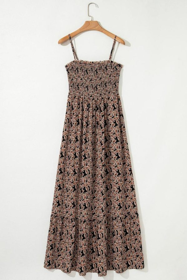 Women Brown Floral Smocked Bodice High Waist Flowy Sun Dress | Maxi Dresses - Image 6