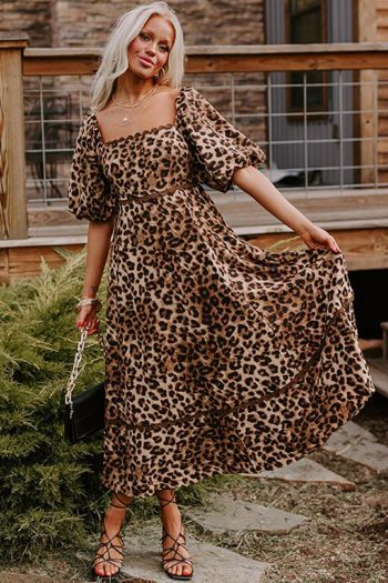 Women Brown Leopard Print Puff Sleeve Ricrac Maxi Dress | Maxi Dresses