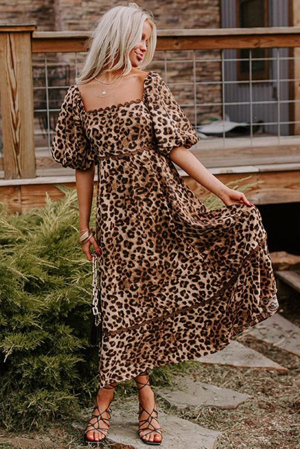 Women Brown Leopard Print Puff Sleeve Ricrac Maxi Dress | Maxi Dresses - Image 2