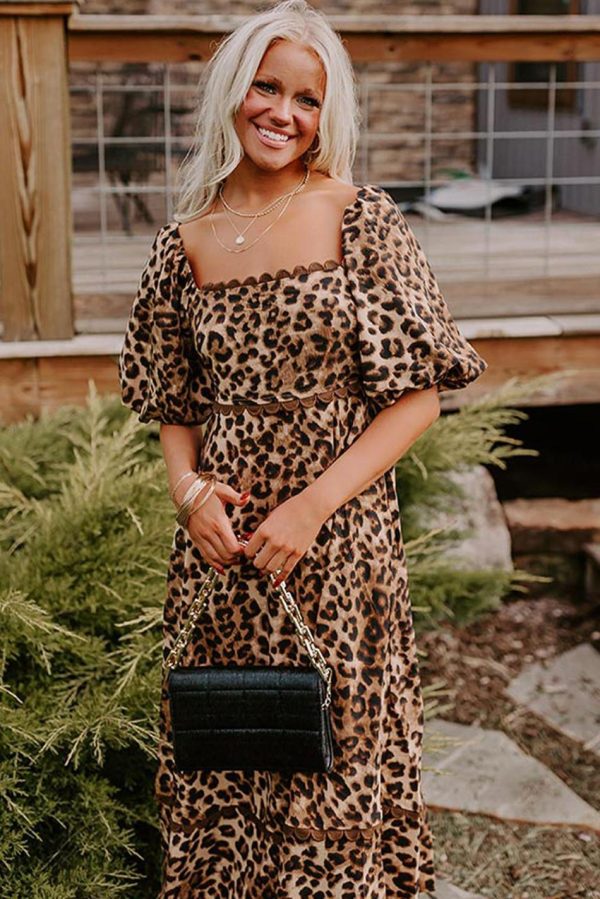 Women Brown Leopard Print Puff Sleeve Ricrac Maxi Dress | Maxi Dresses - Image 3