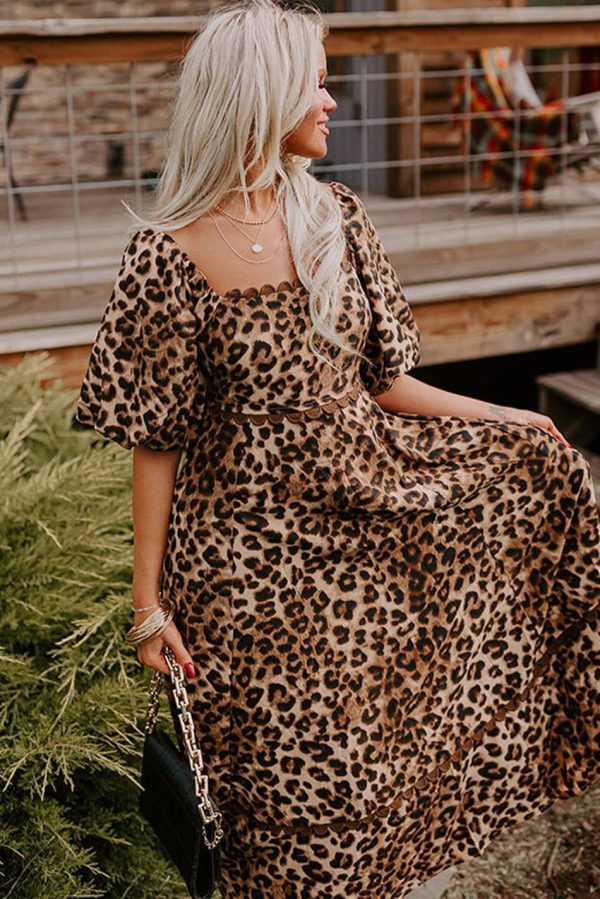 Women Brown Leopard Print Puff Sleeve Ricrac Maxi Dress | Maxi Dresses - Image 4