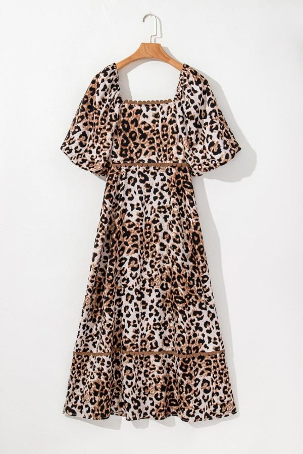 Women Brown Leopard Print Puff Sleeve Ricrac Maxi Dress | Maxi Dresses - Image 5