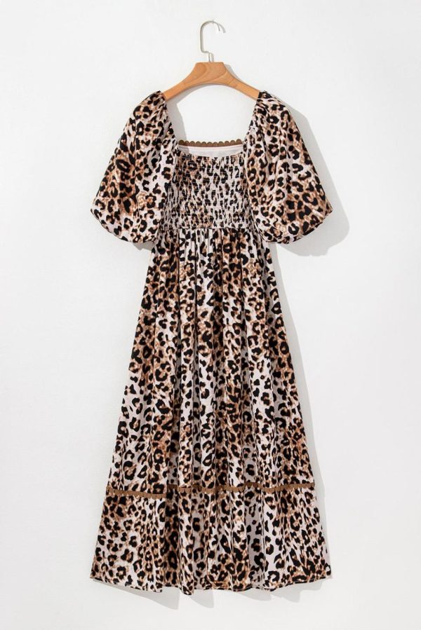 Women Brown Leopard Print Puff Sleeve Ricrac Maxi Dress | Maxi Dresses - Image 6