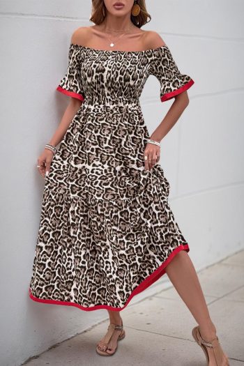 Women Brown Leopard Print Shirred Off Shoulder Contrast Trim Maxi Dress | Maxi Dresses