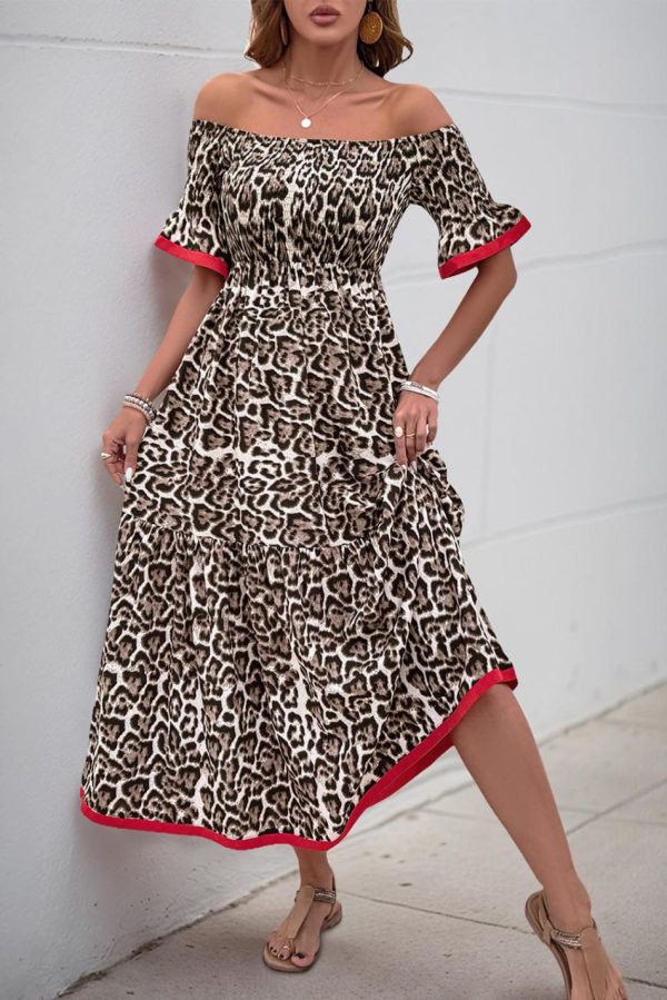 Women Brown Leopard Print Shirred Off Shoulder Contrast Trim Maxi Dress | Maxi Dresses