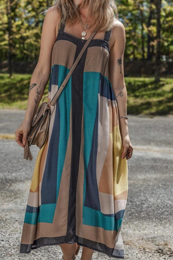 Women Brown Retro Geometric Print Y Back Sleeveless Dress | Maxi Dresses