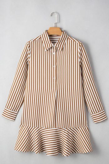 Women Brown Stripe Ruffle Hem Collared Long Sleeve Shirt Mini Dress | Short Dresses