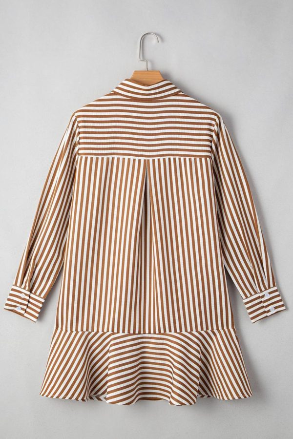 Women Brown Stripe Ruffle Hem Collared Long Sleeve Shirt Mini Dress | Short Dresses - Image 2