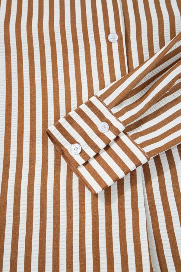 Women Brown Stripe Ruffle Hem Collared Long Sleeve Shirt Mini Dress | Short Dresses - Image 5
