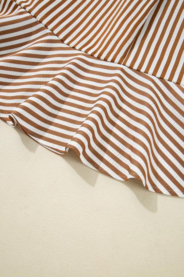 Women Brown Stripe Ruffle Hem Collared Long Sleeve Shirt Mini Dress | Short Dresses - Image 6
