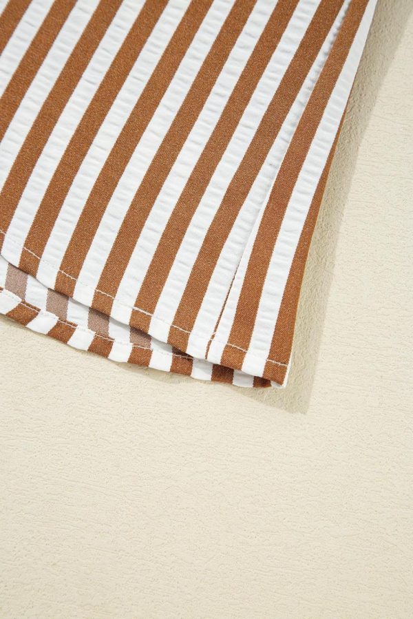 Women Brown Stripe Ruffle Hem Collared Long Sleeve Shirt Mini Dress | Short Dresses - Image 7