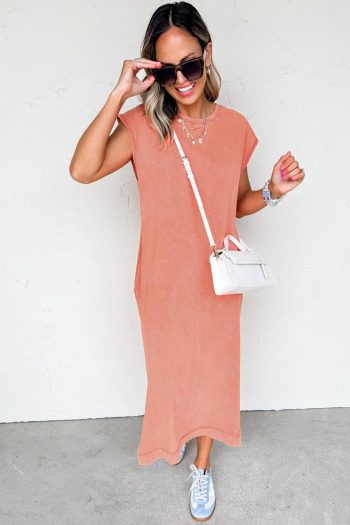 Women Carrot Mineral Wash Pocketed T-Shirt Dress | Midi Dresses