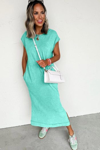 Women Clearly Aqua Mineral Wash Pocketed T-Shirt Dress | Midi Dresses