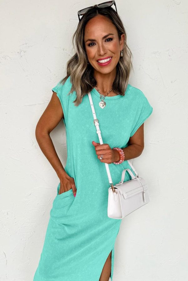 Women Clearly Aqua Mineral Wash Pocketed T-Shirt Dress | Midi Dresses - Image 3