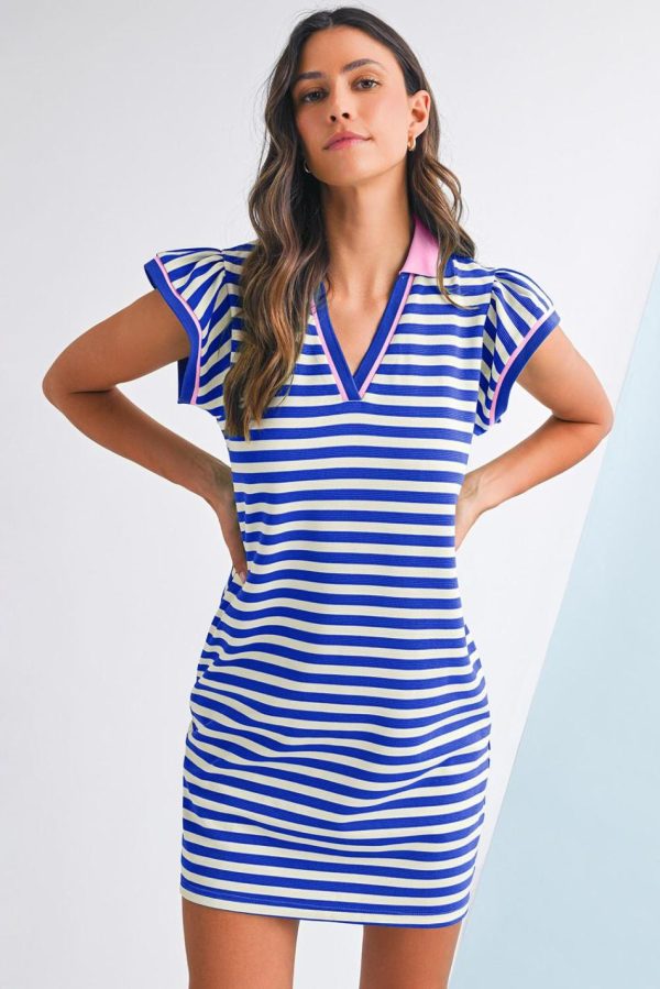 Women Dark Blue Striped Ruffle Short Sleeve Pop Of Color Neckline Dress | Short Dresses