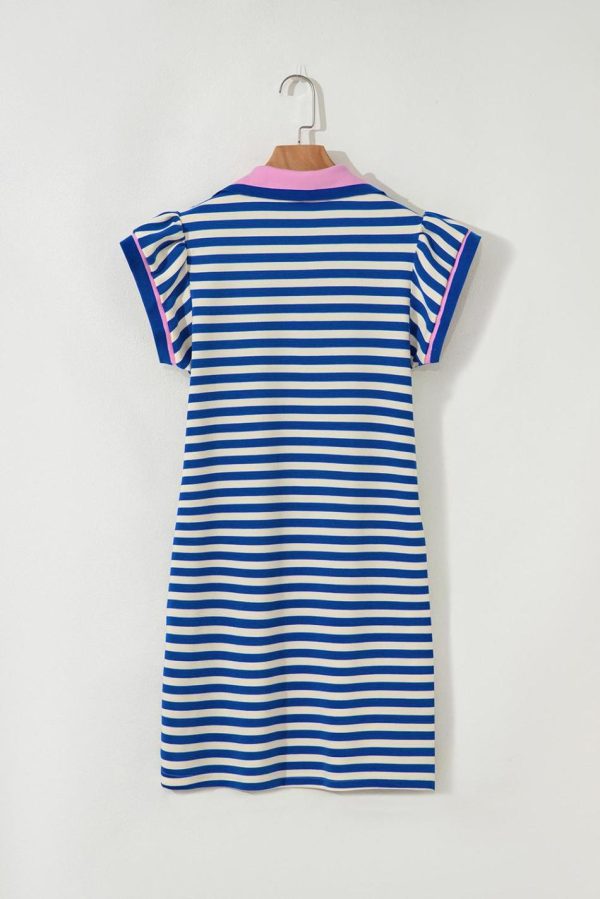 Women Dark Blue Striped Ruffle Short Sleeve Pop Of Color Neckline Dress | Short Dresses - Image 3
