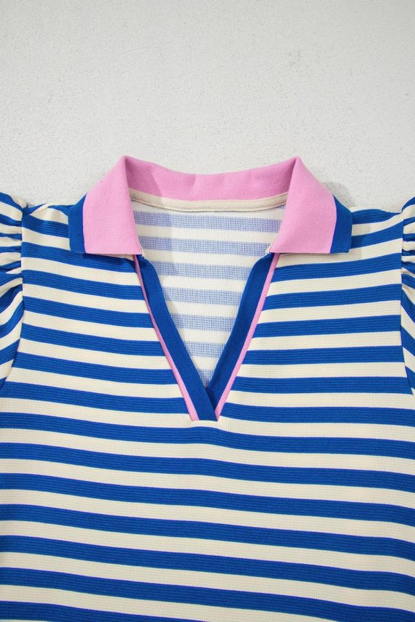 Women Dark Blue Striped Ruffle Short Sleeve Pop Of Color Neckline Dress | Short Dresses - Image 4