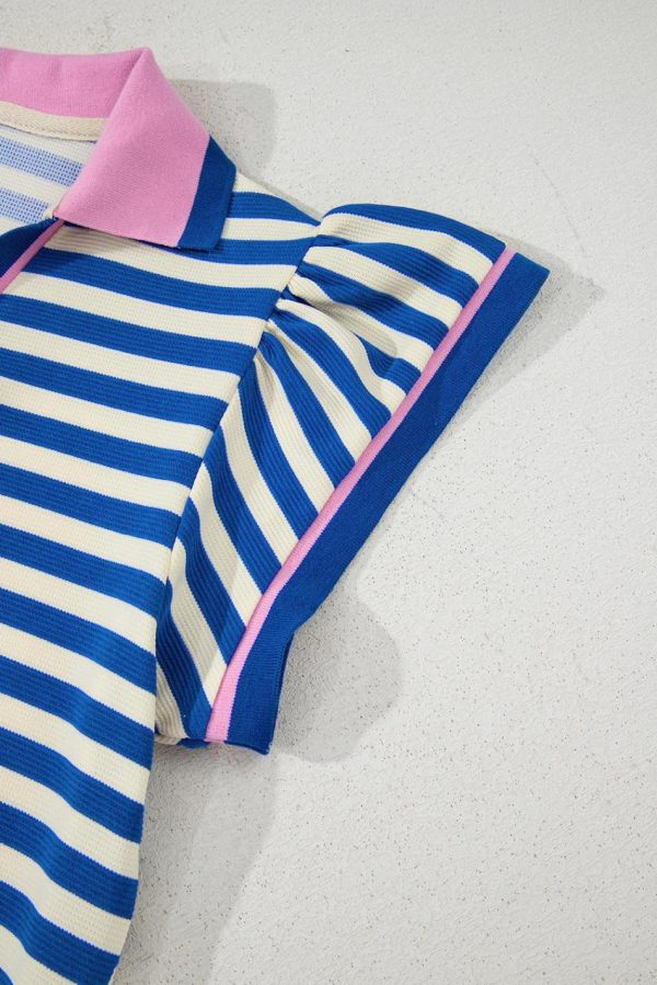Women Dark Blue Striped Ruffle Short Sleeve Pop Of Color Neckline Dress | Short Dresses - Image 5