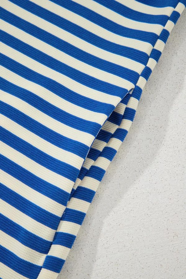 Women Dark Blue Striped Ruffle Short Sleeve Pop Of Color Neckline Dress | Short Dresses - Image 6