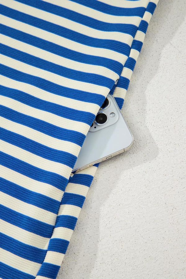 Women Dark Blue Striped Ruffle Short Sleeve Pop Of Color Neckline Dress | Short Dresses - Image 7